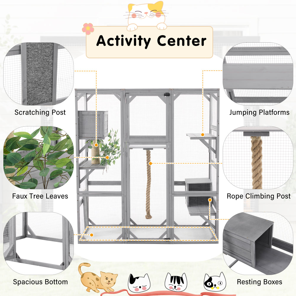 Outdoor Cat House, DIY Cat Enclosure, Cat Catio with Double Enter Doors, 62.8"L x 32.2"W x68.5"H Balcony Cat Playpen with Platforms and Two Condos for 1-3 Cats, Light Grey