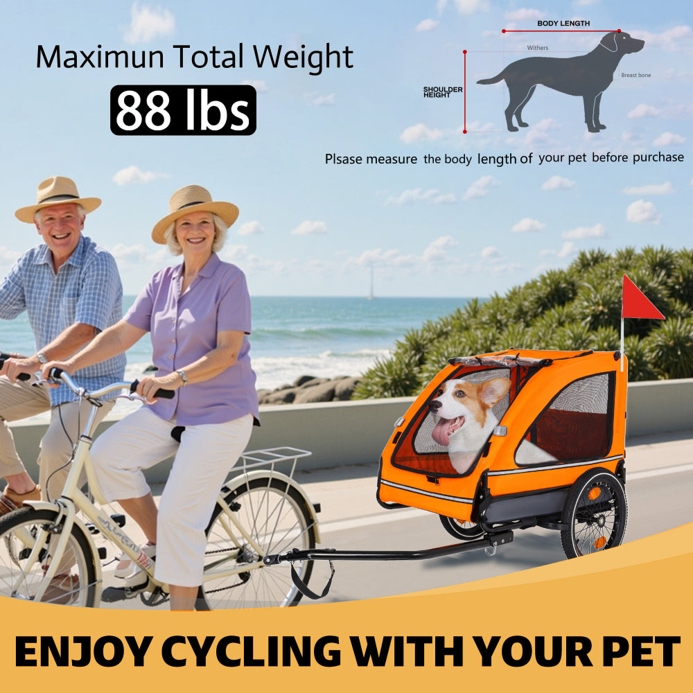 Pet Bike Trailer Dog Cart for Bicycle,Suitable for Small and Medium Pets, Easy Folding Cart Frame, Quick Release Wheel, Non-Slip Floor, Internal Leash, Orange+Gray