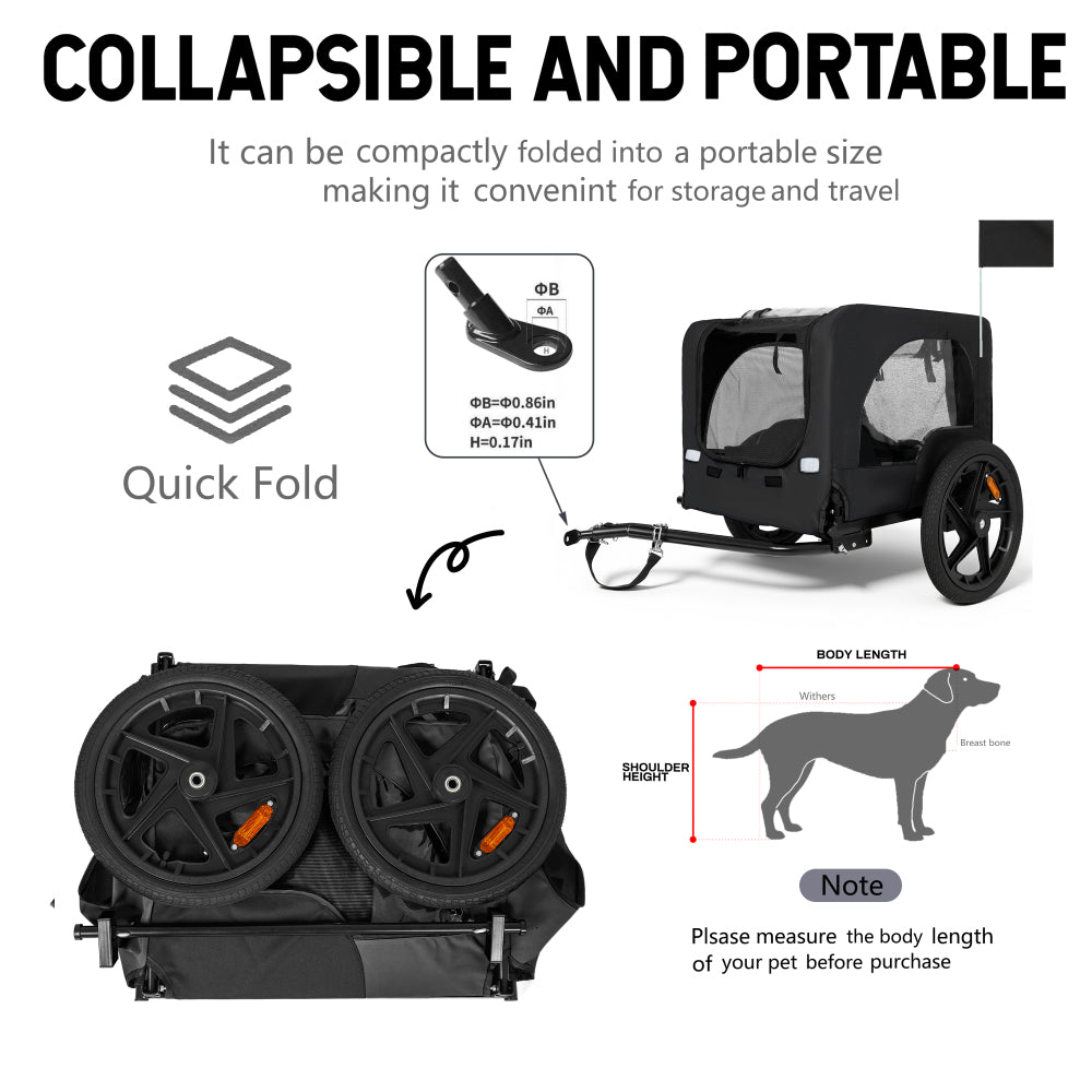 Outdoor Heavy Duty Collapsible Pet Bike Trailer with 16-Inch All-Terrain Wheels & Universal Hitch – Foldable Dog/Cargo Carrier Cart for Bicycles, black