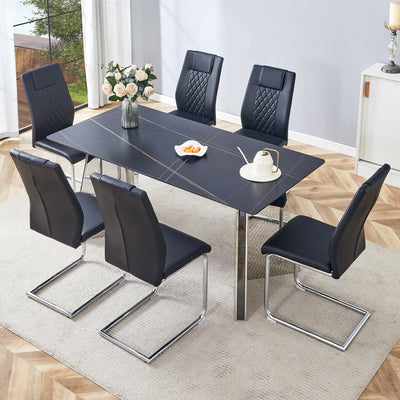 Table and chair set.63'x31.5x30' Black Marble-Patterned Slabs Tabletop with Stainless Steel Butterfly Legs.Paried with 6 Black high-quality PU chairs with silver metal legs.