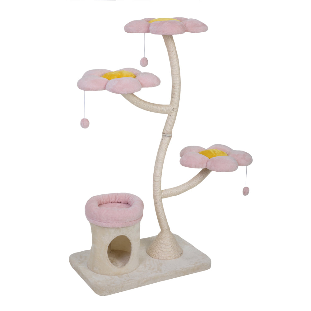 Flower-Shaped Cat Tree, with Blooming Platforms Bed, Condo, and Dangling Toys, Multi-Level Cat Tower for Indoor Cats, Modern, Pink & Beige