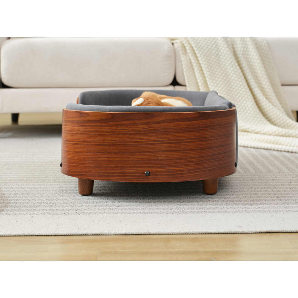 Scandinavian style Elevated Dog Bed Pet Sofa With Solid Wood legs and Walnut Bent Wood Back, Dark Grey Velvet,Mid Size