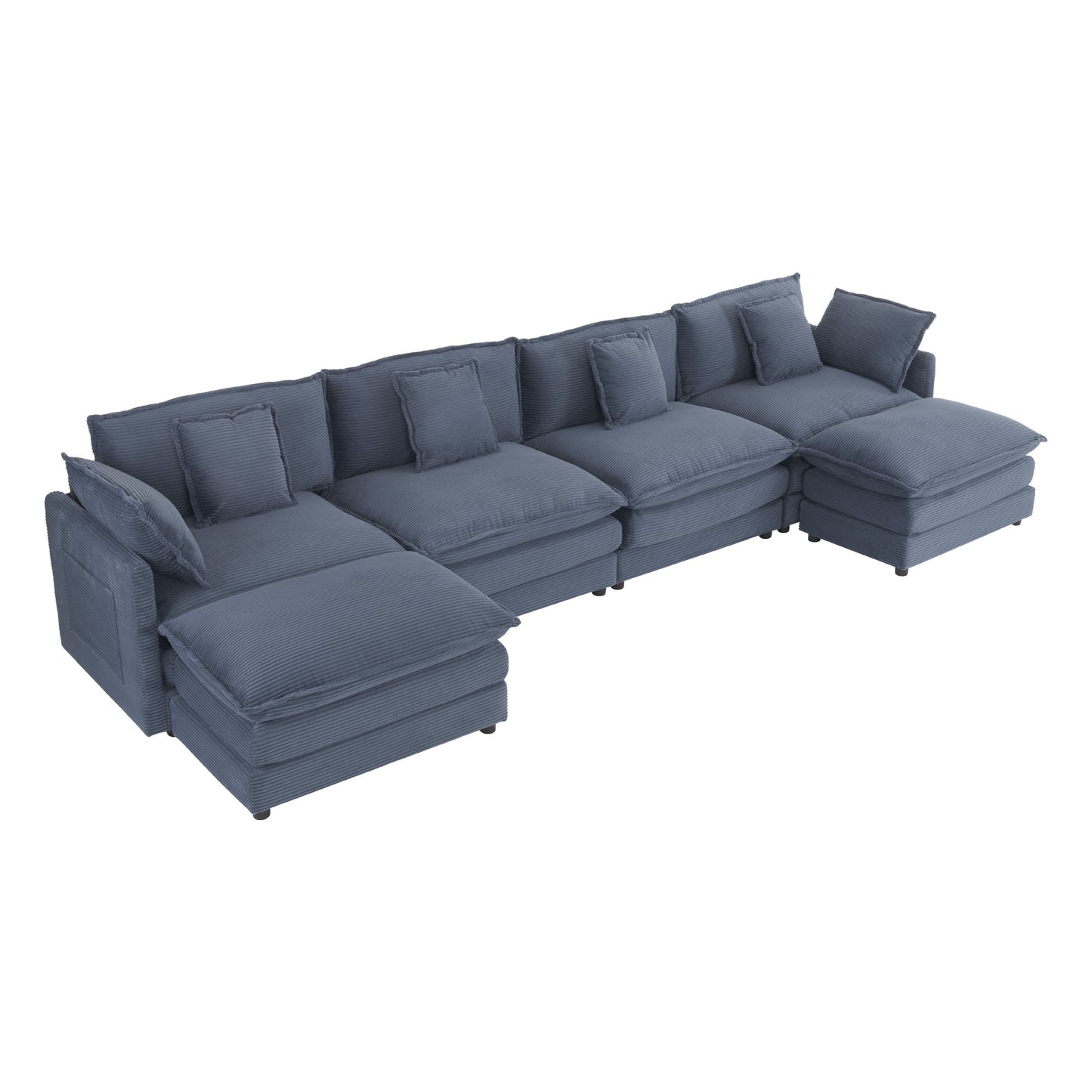 Modern 149.6' Modular Sofa with Corduroy Upholstery and Side Storage Pockets, Blue