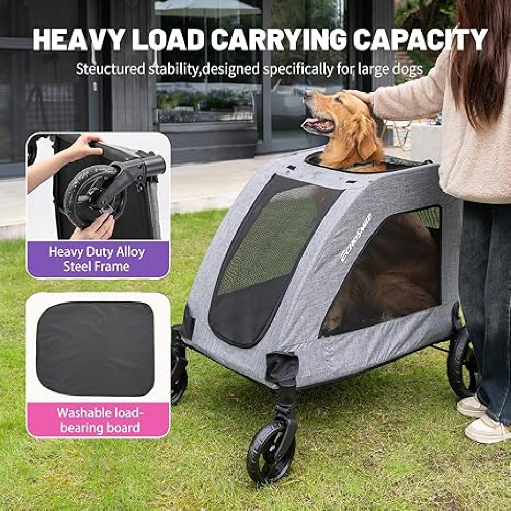 EchoSmile XL Extra Large Dog Stroller - Adjustable Handles,Lightweight Folding Pet Stroller,All-Terrain 4 Wheel for 2 Medium Dogs,Dual Entry Safety Dog Stroller,Capacity 160 lbs,Gray