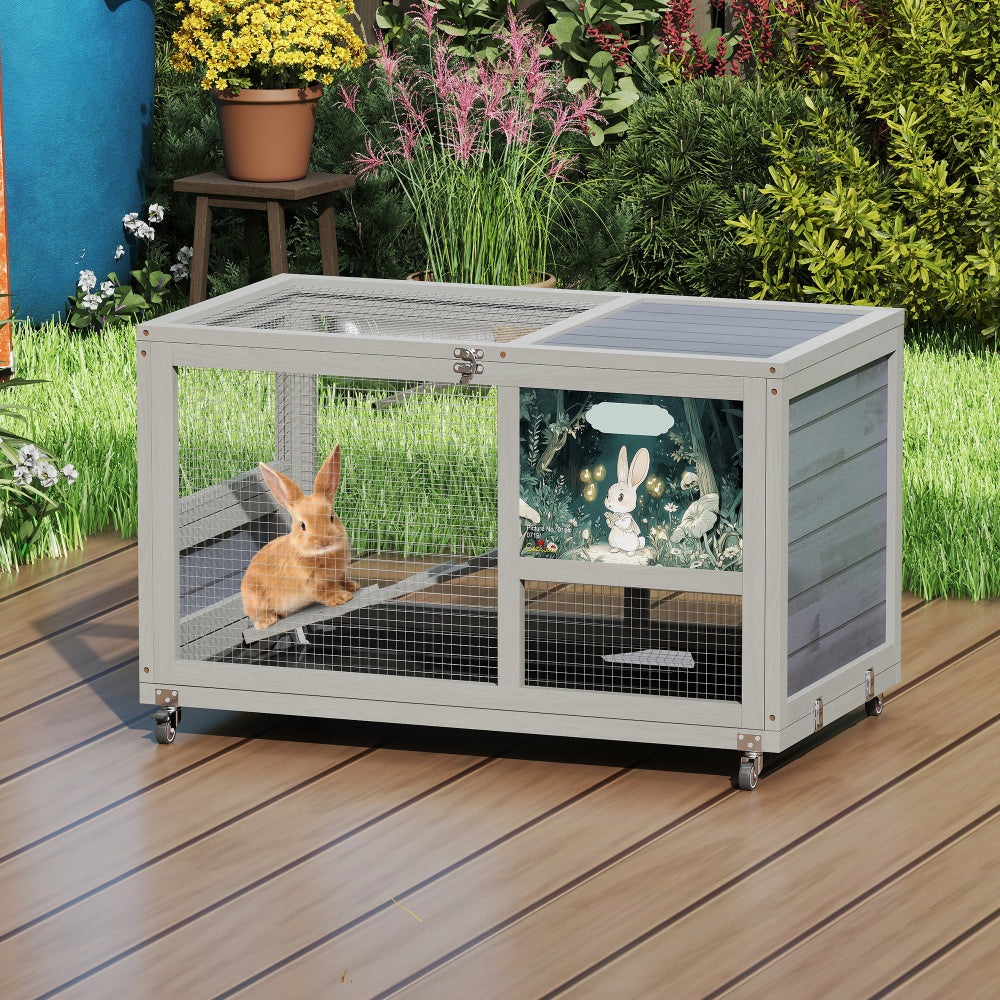2-Tier Bunny Hutch, Wood Rabbit Cage on Wheels with Openable Roof, Ramp, Easy-to-Clean Tray, Guinea Pig Pet House for Small Animals, Gray with Colorful Patterns