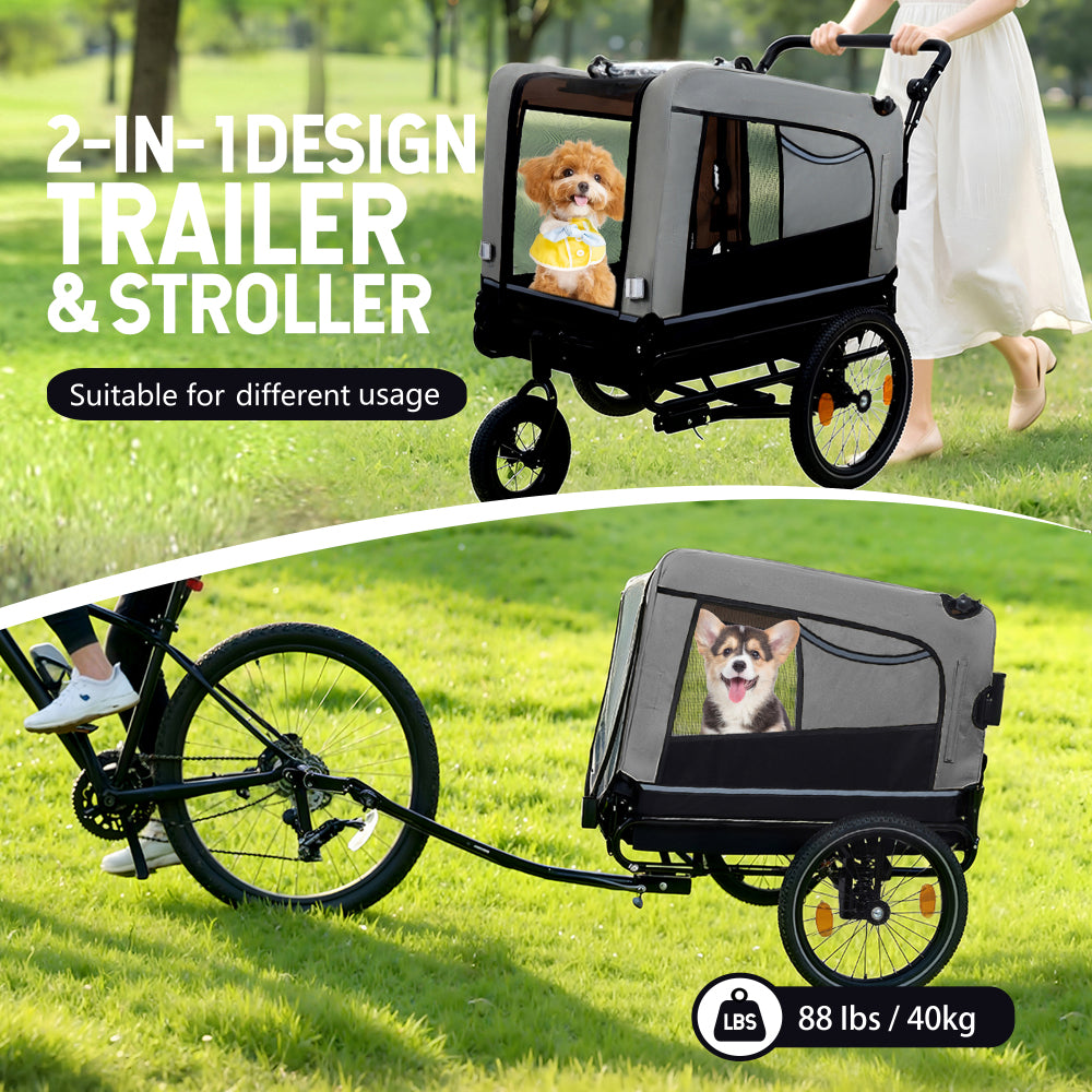 Extra Large 2-in-1 Bike Trailer & Push Cart for Pets - Detachable Bike Hitch & Push Handle Included - All-Terrain Wheels Quick Release, Non-Slip Floor, Internal Leash,  Up to 88 lbs, Black- Grey
