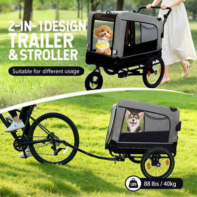 Extra Large 2-in-1 Bike Trailer & Push Cart for Pets - Detachable Bike Hitch & Push Handle Included - All-Terrain Wheels Quick Release, Non-Slip Floor, Internal Leash,  Up to 88 lbs, Black- Grey