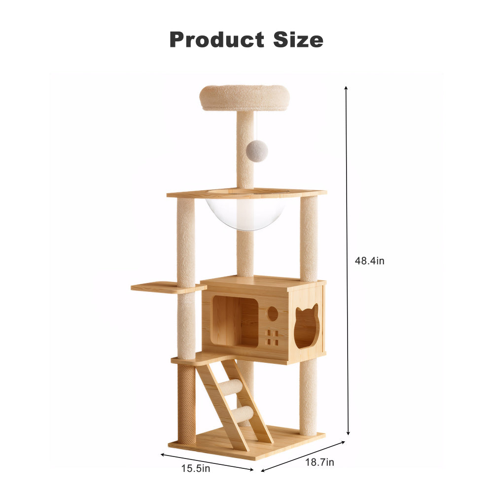 48.8" Modern Cat Tower, Wood Cat Tree Tower for Indoor Cats, Cat Treewith Sisal-Covered Scratching Posts and Top Perch, Cat Condo with Acrylic Hammock for Small Large Cats