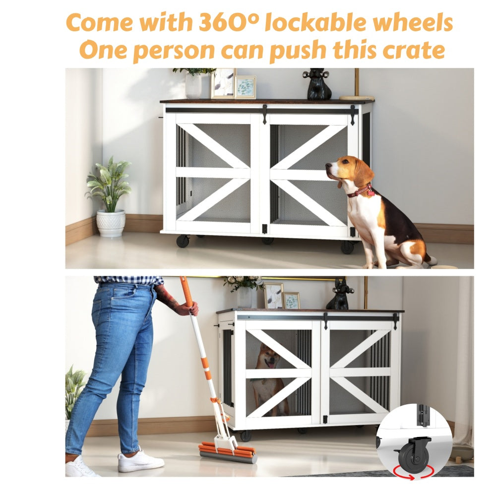 47.2" Mobile Dog Crate with Flip-Top Feeding Door, Dual-Access & 5 Caster System (2 Locking), Side Hooks - Multi-Functional Pet Kennel,double dog crate furniture