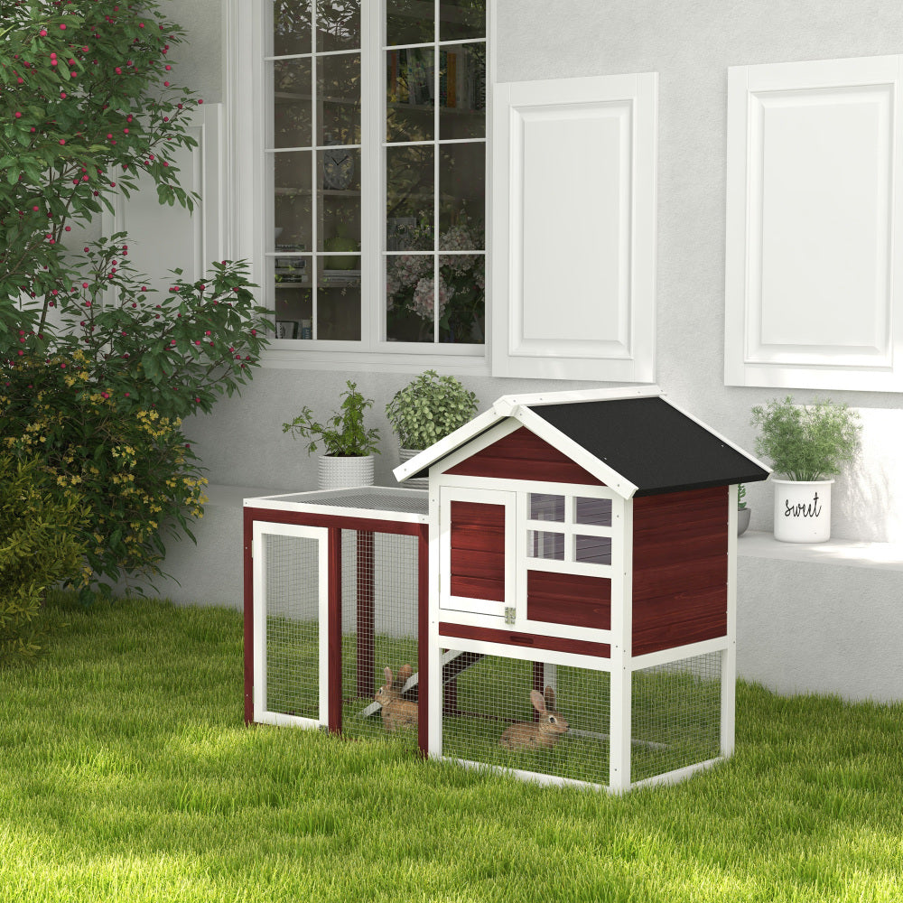 PawHut 48" Wooden Rabbit Hutch Bunny Cage with Waterproof Asphalt Roof, Fun Outdoor Run, Removable Tray and Ramp, Brown