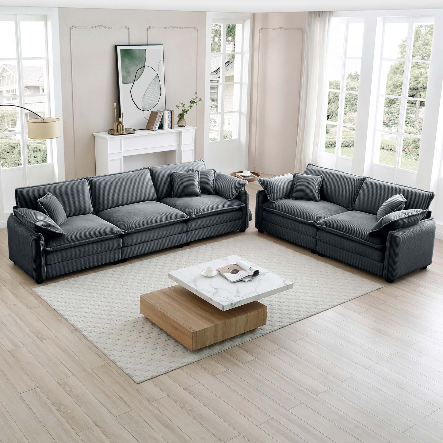 Family sofa set Deep Seat Sofa, Warm Sofa for Home Cinema and Living Room, One 2-Seater Sofa and One 3-Seater Sofa,Grey Corduroy