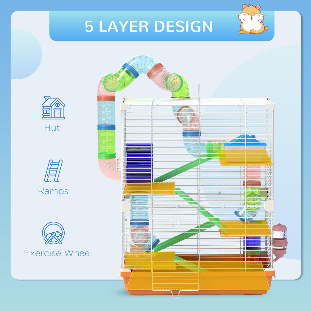 PawHut 18" 5 Tier Hamster Cage with Tubes and Tunnels, Small Animal Cage with Portable Carry Handle, Gerbil Cage with Water Bottle, Food Dish, Exercise Wheel, Orange