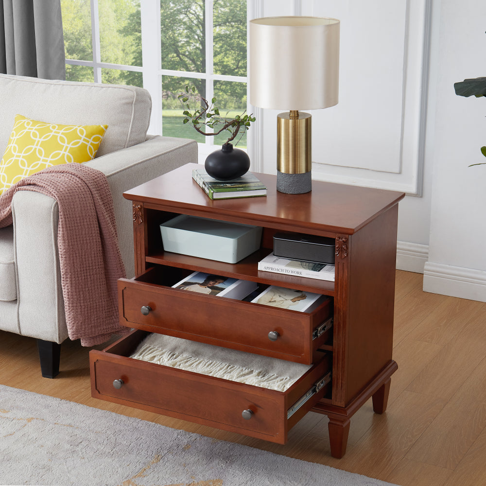 SunJet Open Space and 2 Drawers Dresser Nightstand with Charging Station, Farmhouse End Table with USB Ports and Outlets, Fluted Pilasters Design Side Table with Solid Wood Legs for Bedroom