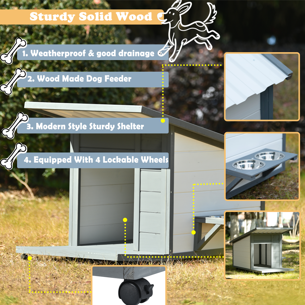 Outdoor Solid Wood Dog house, 15.8" H x 12.4" W Modern Style Design Waterproof  Dog House With Food bowl for Small Dogs, 4 swivel wheels