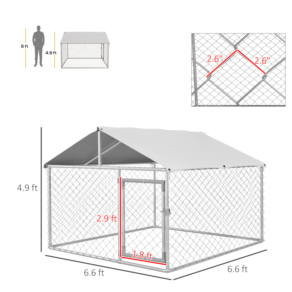 PawHut Large Dog Kennel Outside, Heavy Duty Dog Cage with Waterproof Cover, Outdoor Fence Dog Run with Galvanized Chain Link, Secure Lock, 6.6' x 6.6' x 4.9'