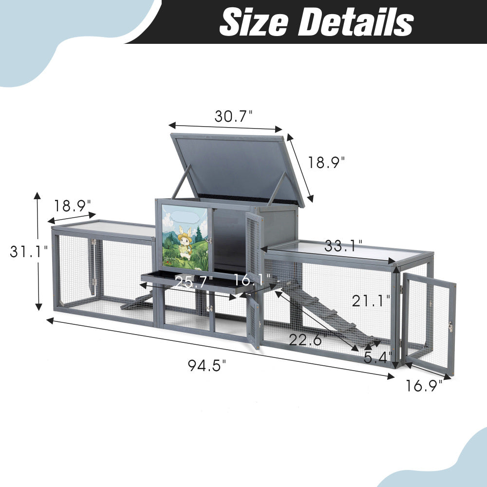 Large 2-Story Outdoor Rabbit Hutch, Bunny House with Dual Runs, Resting Room, PC Sun Roof, Pull-Out Tray, Ramps & Doors, Weatherproof Guinea Pig Cage Enclosure, Gray with Colorful Patterns