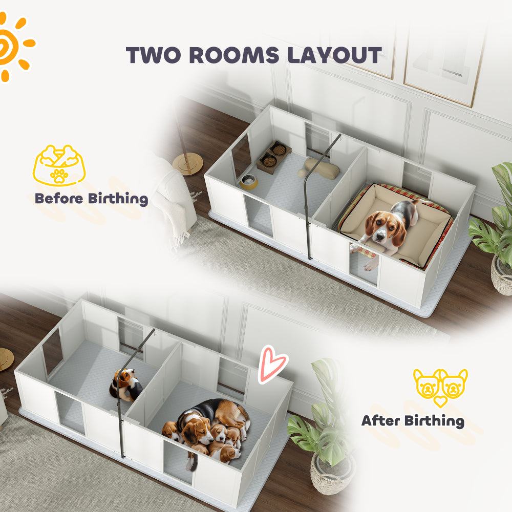 PawHut Whelping Box for Dogs, Newborn Puppy Supplies with Retractable Light Stand, Waterproof Pee Pad, Adjustable Height Door for Small and Medium Breed Dogs, 77" x 38"