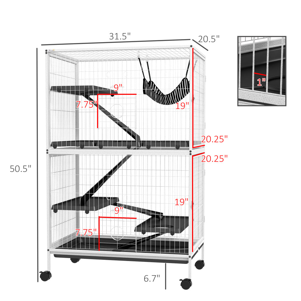 PawHut 50" H 5-Tier Small Animal Cage, Ferret Cage, Large Chinchilla Cage with Hammock Accessory Heavy-Duty Steel Wire, Small Animal Habitat with 4 Doors, Removable Tray, White