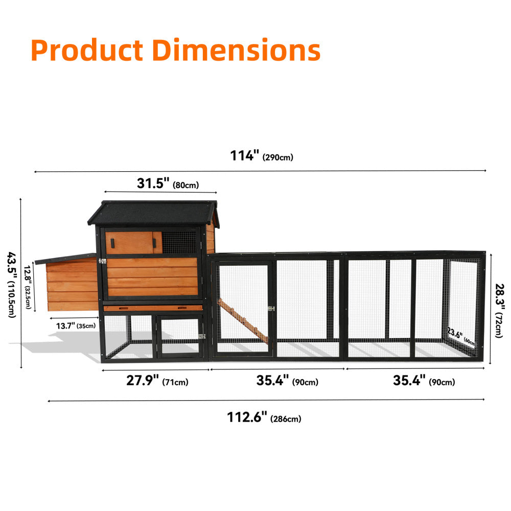 large main house,brown+black Wooden Chicken Coop, Large Outdoor Hen House with Run and Nesting Box Poultry Cage, Rabbit Hutch, Waterproof Anti-UV Panel for Backyard
