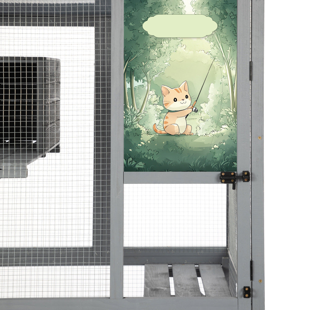 70-Inch Cat Window Catio House, Outdoor Wood Cat Enclosure with Wheels, Platforms, Resting Condo, Lockable Doors, Sunshine Roof, Personalized Color Panels, Gray
