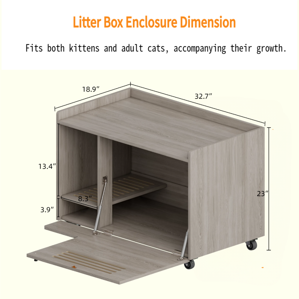 Gray Cat Litter Box Enclosure,Hidden Litter Box Furniture with top side fence,Wooden Pet House Side End Table, Storage Cabinet Bench for Living Room,,Bedroom, Fit Most of Litter Box