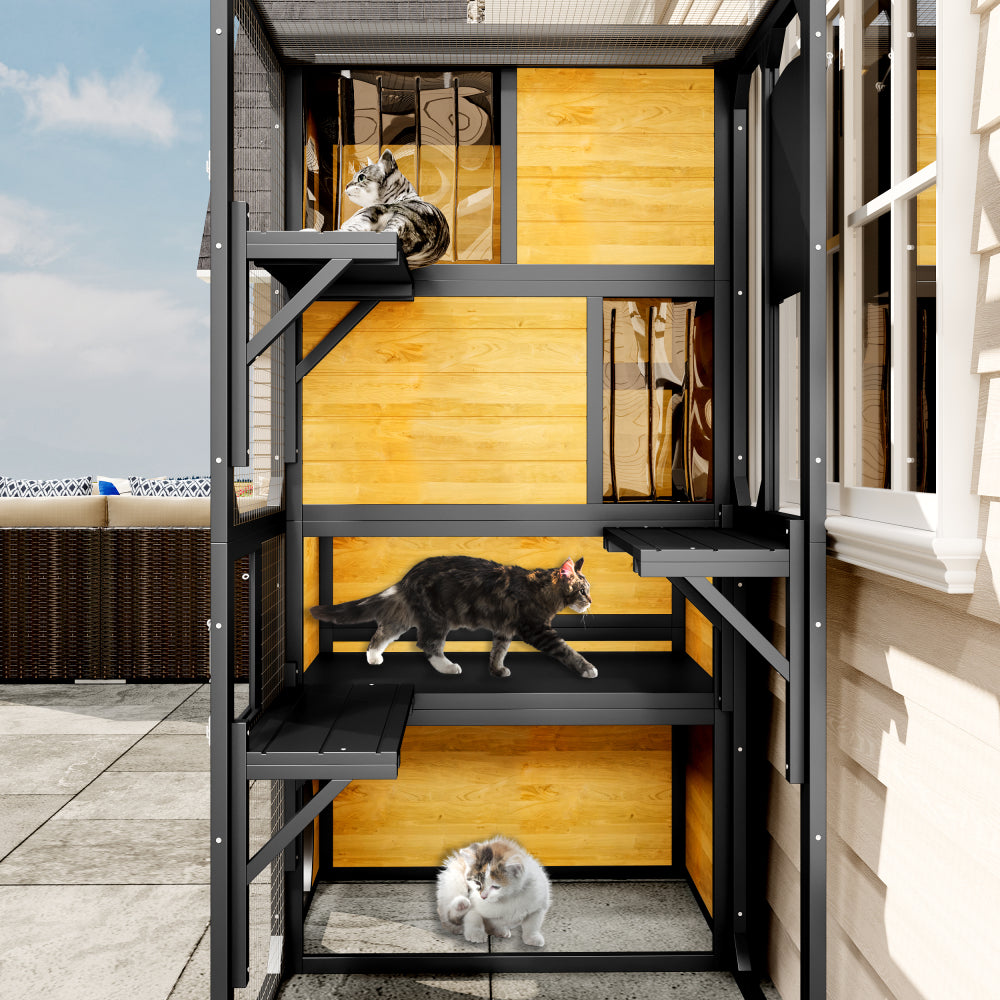 GO Large Cat Catio 4 Tiers Cat Enclosure for Outdoor, Cat House Weatherproof Attached to Window for Multiple Cats with Platforms and Resting Rooms, Brown