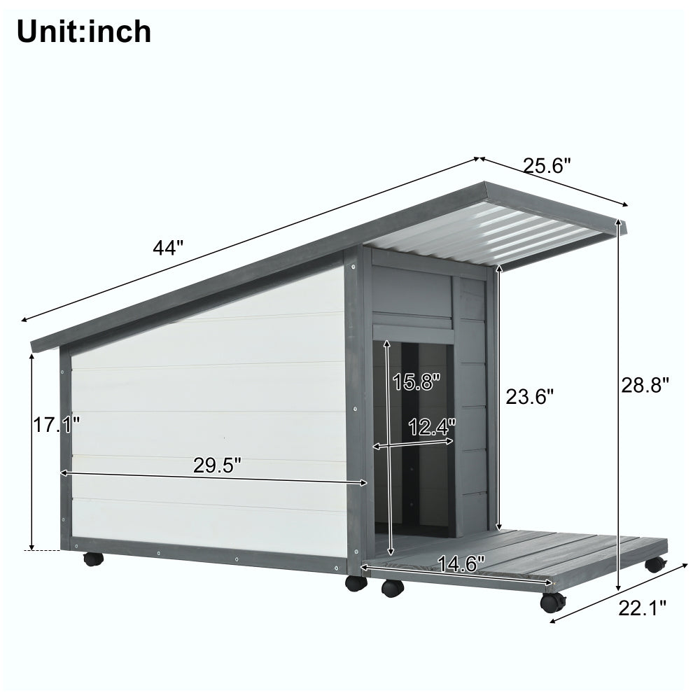 Outdoor Solid Wood Dog house, 15.8" H x 12.4" W Modern Style Design Waterproof  Dog House With Food bowl for Small Dogs, 4 swivel wheels
