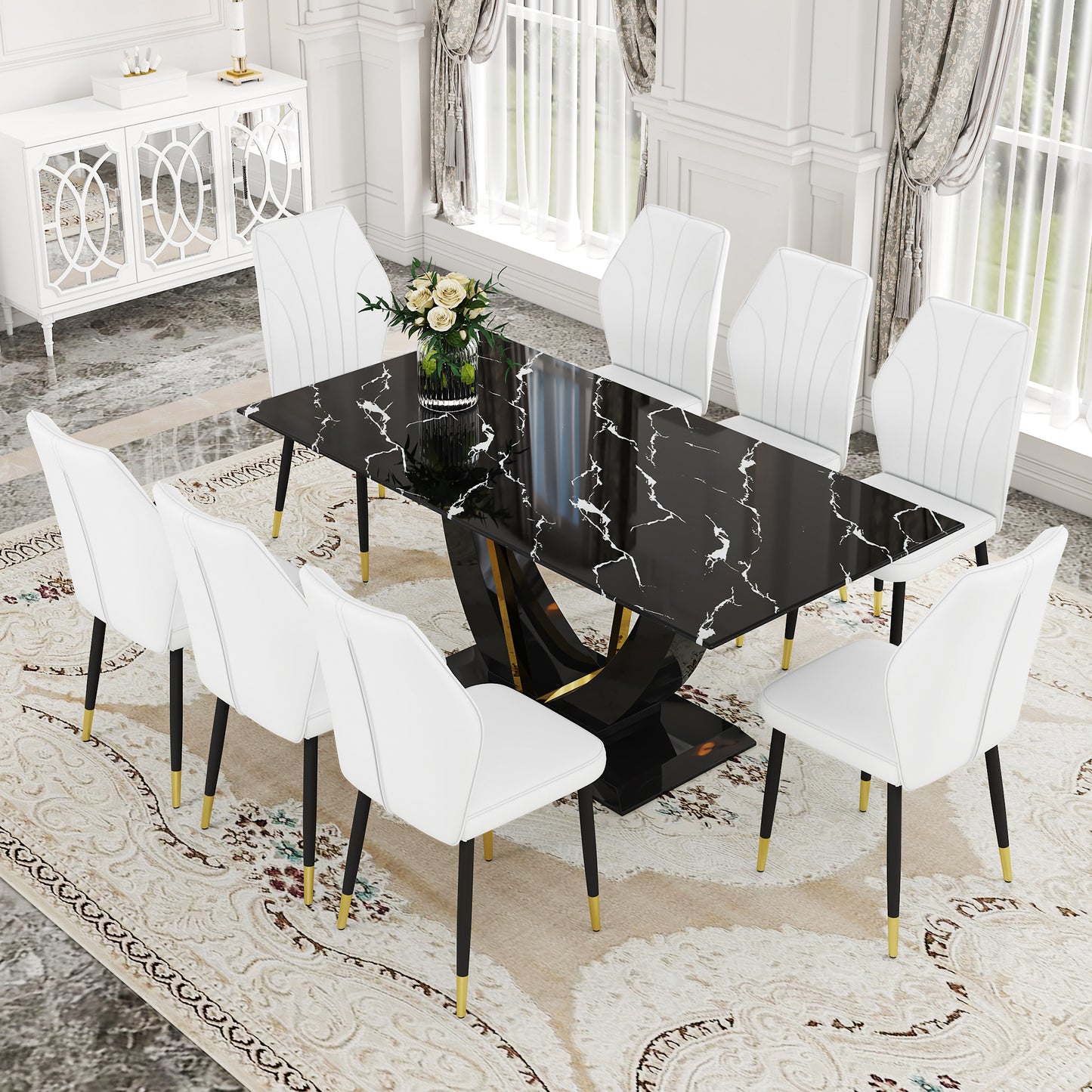 Black Marble Pattern Tempered Glass Dining Set - 71'x35.4' with 8 White PU Chairs With a Widened Backrest Design.