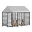 10 x 10-FT heavy-duty outdoor dog kennel with feeding bowl, full coverage waterproof roof, easy-to-assemble wire mesh fence with secure lock.