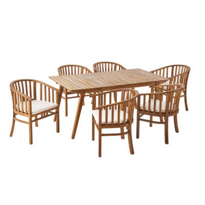 Outdoor 6 Seater Acacia Wood Dining Set with Cushions in Teak Finish and Cream Color