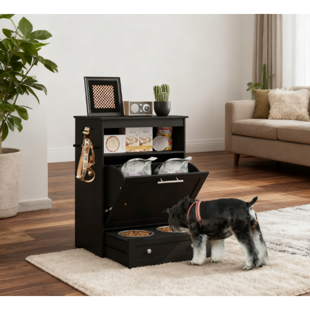 Pet Feeder Station Storage Cabinet, with Dog Raised Bowls, Black