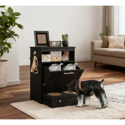Pet Feeder Station Storage Cabinet, with Dog Raised Bowls, Black