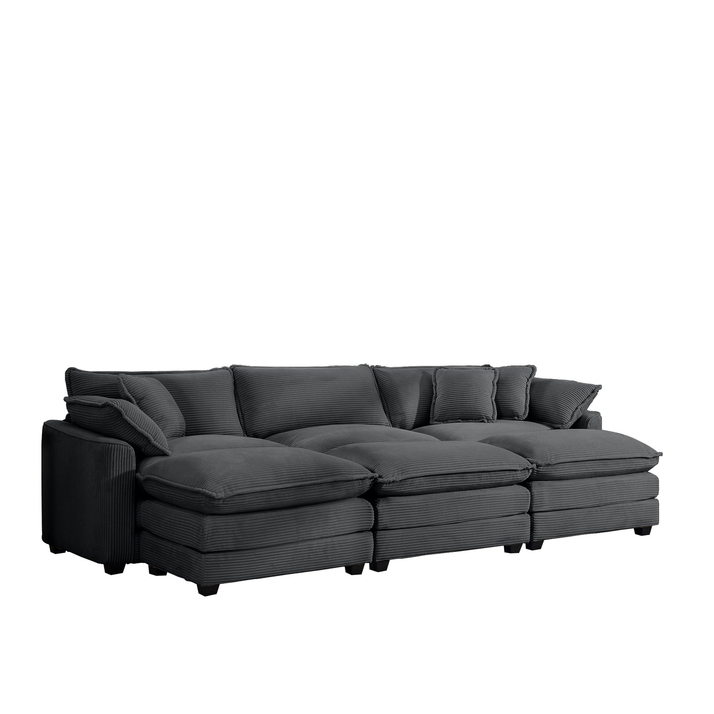 Oversized Modular Cushion Sofa with Portable Ottoman in Grey Corduroy for Home Living Room