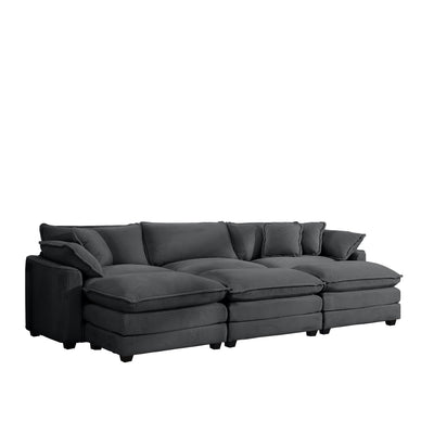 Oversized Modular Cushion Sofa with Portable Ottoman in Grey Corduroy for Home Living Room