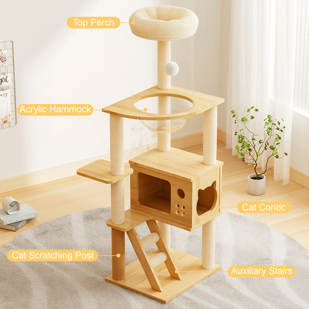 48.8" Modern Cat Tower, Wood Cat Tree Tower for Indoor Cats, Cat Treewith Sisal-Covered Scratching Posts and Top Perch, Cat Condo with Acrylic Hammock for Small Large Cats