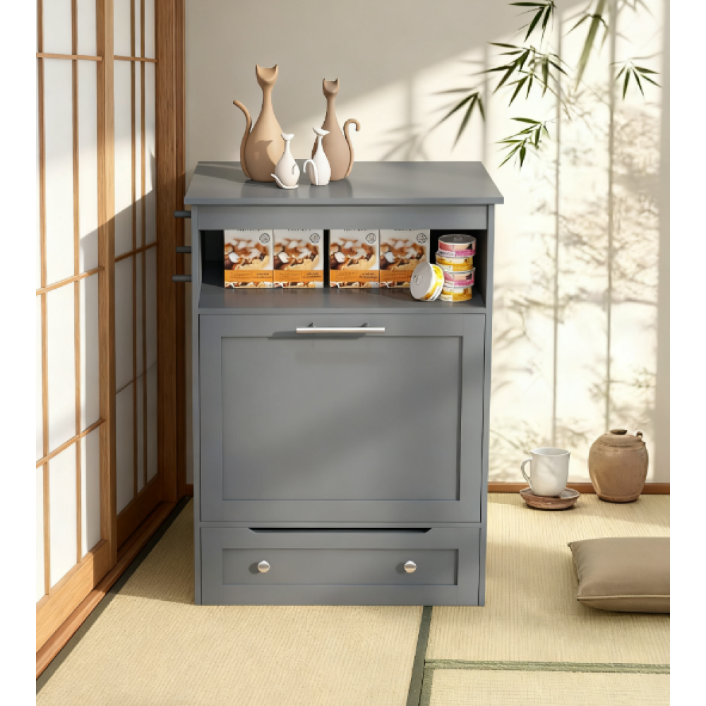 Pet Feeder Station Storage Cabinet, with Dog Raised Bowls, Gray