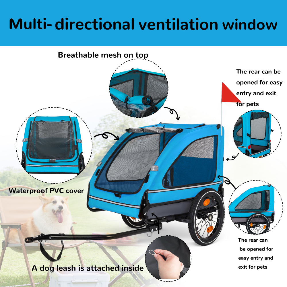 Pet Bike Trailer Dog Cart for Bicycle,Suitable for Small and Medium Pets, Easy Folding Cart Frame, Quick Release Wheel, Non-Slip Floor, Internal Leash, blue+Grey