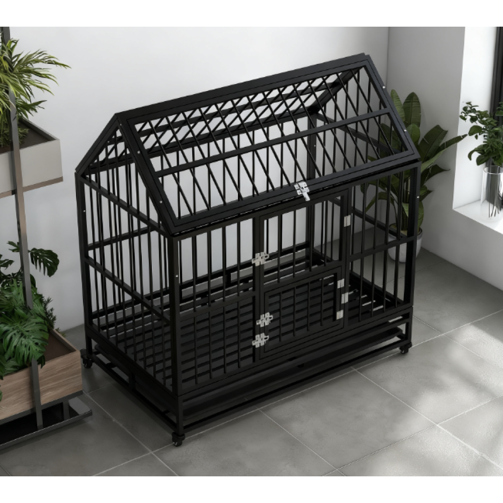 Heavy Duty Dog Crate with 4 Lockable Wheels, Double Doors, and Removable Tray,  Black