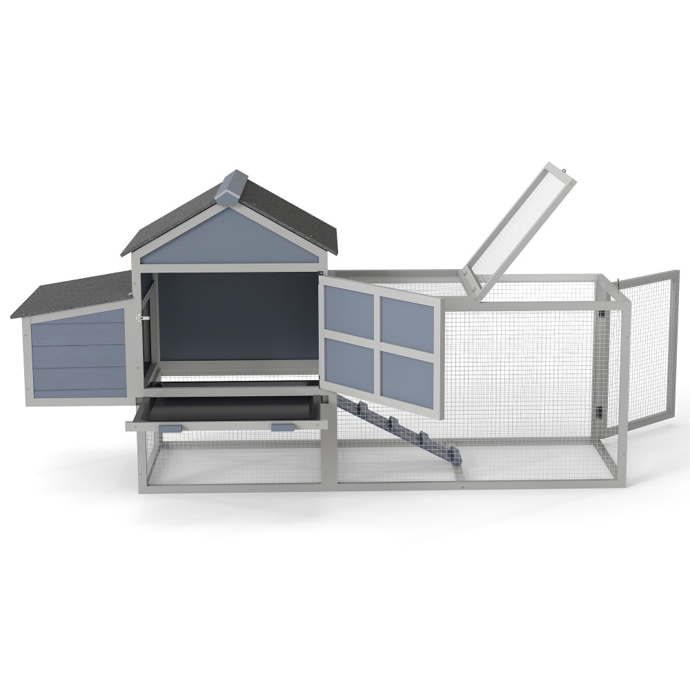 Outdoor Chicken Coop, Wooden Hen House with Nesting Box, Run, Resting Room, Ramp, Pull-Out Tray, Gray