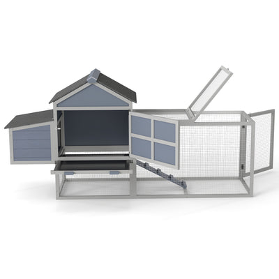 Outdoor Chicken Coop, Wooden Hen House with Nesting Box, Run, Resting Room, Ramp, Pull-Out Tray, Gray