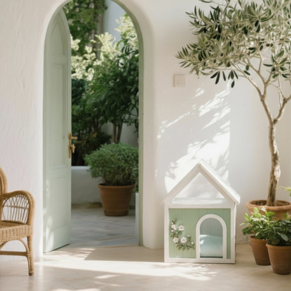 Transparent Roof Wooden Pet House with Floral Carvings  FSC Cedar Indoor Shelter for Cats & Small Dogs 63.5×47.5×77.6 cm