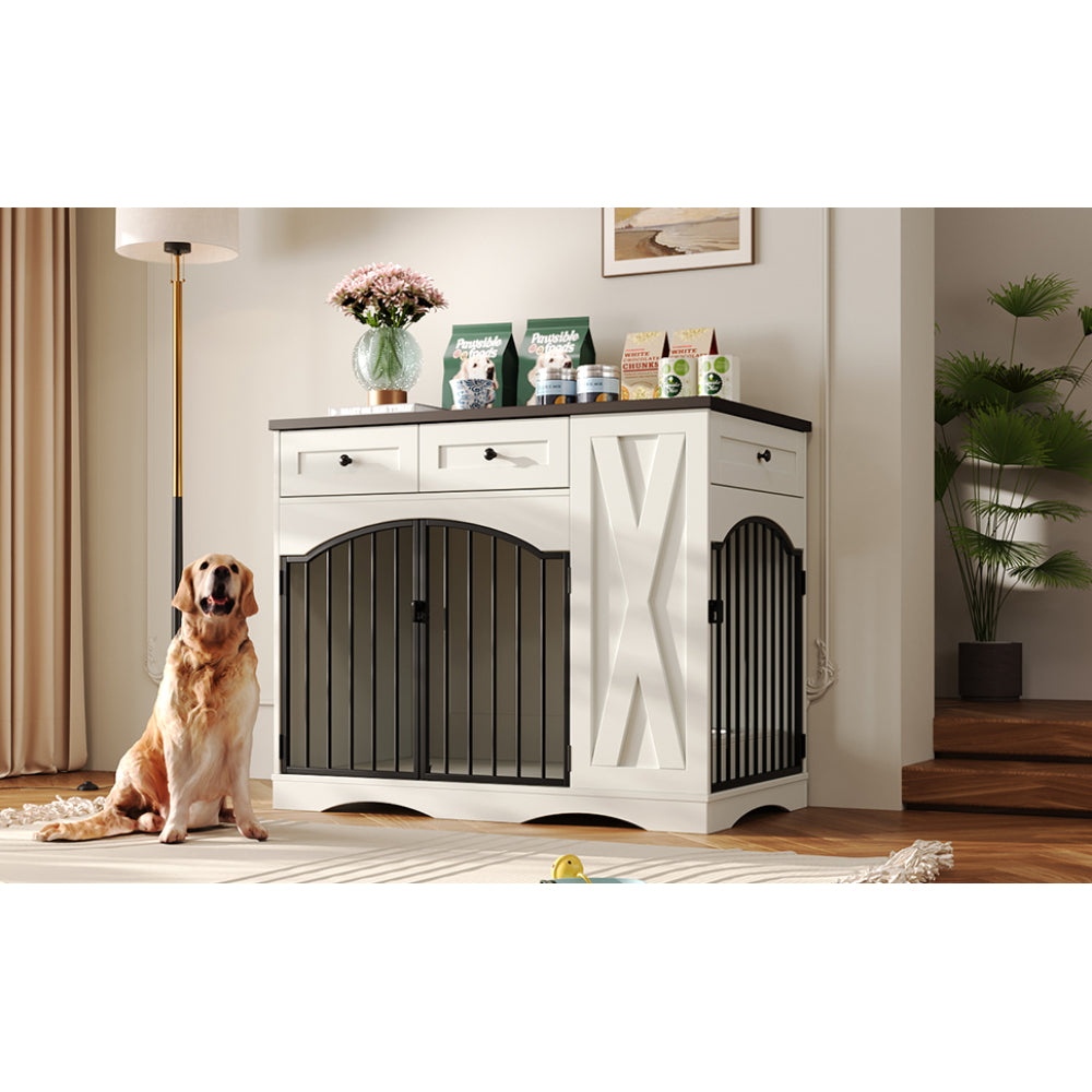 GO 43.3" Farmhouse Dog Crate Furniture, Heavy Duty Dog Crate with 3 Drawers, Indoor Wooden Dog Kennel with Removable Feeder, Dog Cage End Table for  Medium Large Dogs, White