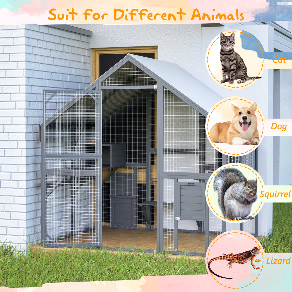 Large Outdoor Cat House, 28ft² Luxury Wooden Cat Run Enclosure Walk in Cat Catio Kitten Condo with 2 Cat Doors, 2 Playpen & Hiding Houses, Bridges, Walks, Roof Cover, Grey