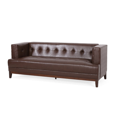 Mid-Century Modern 3 Seater Sofa with Tufted Stitching in Dark Brown PU and Wood Frame