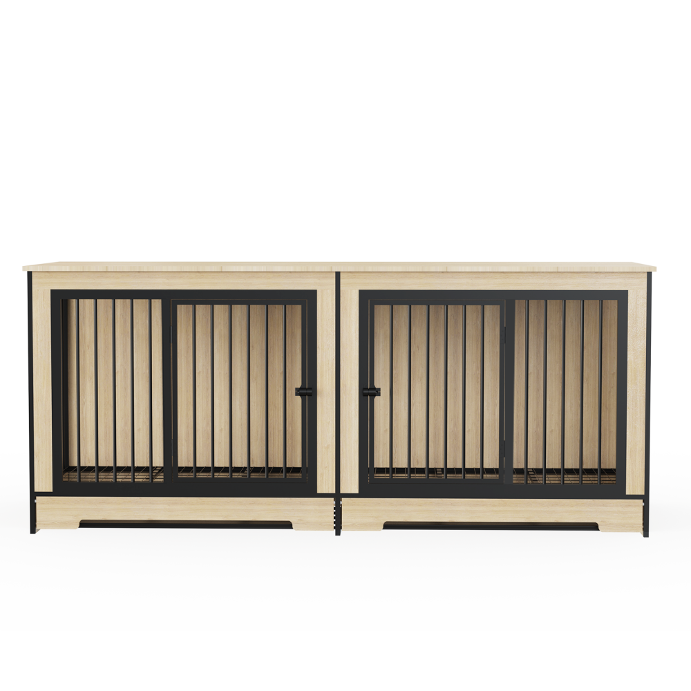 Dog Crate Furniture with Two Combined Room, XL Large Double Dog Cage Furniture with Tray for Medium Large Dogs, Wooden Dog Kennel Furniture