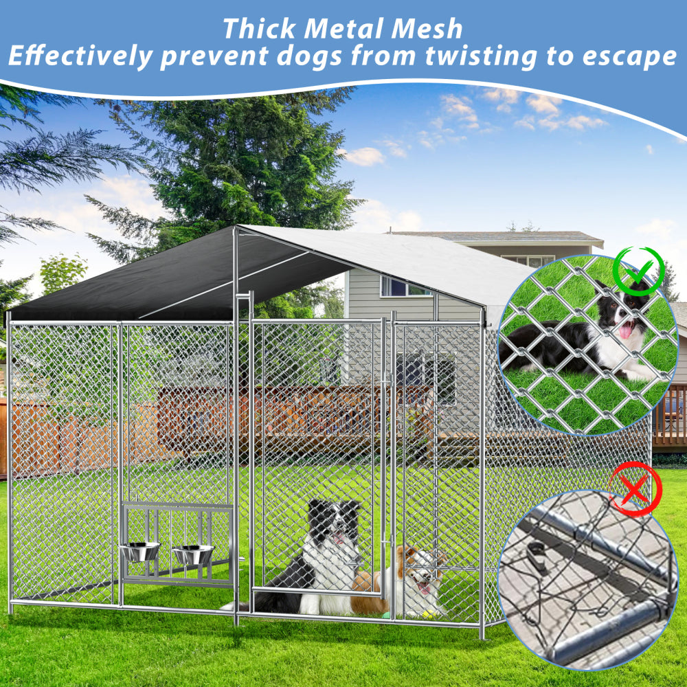 7.5'x7.5' Outside Dog Kennel with Roof Large Metal Chicken Coop with 2 Rotating Bowls and Updated Secure Lock Heavy Duty Dog Kennel for Outdoor Backyard Farm Use