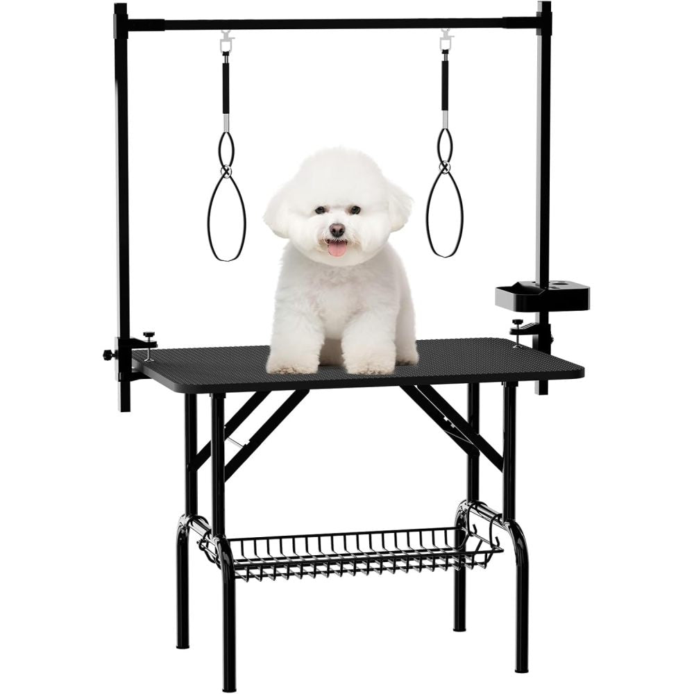 36''Large Dog Grooming Table, Foldable Pet Station at Home, Dog Grooming Table,Adjustable Cat Drying Desktop with Arms, Nooses, Mesh Tray (36Inch Pet Grooming Table Blue)