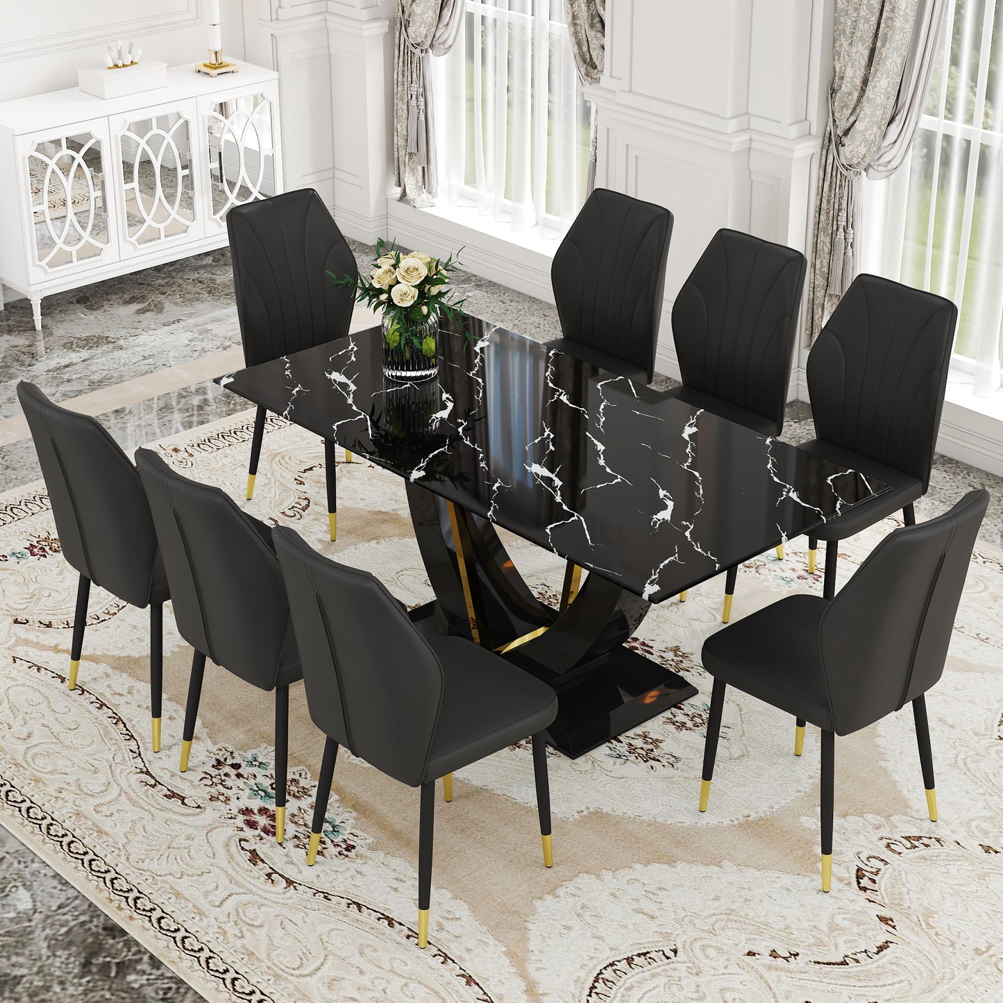 Black Marble Pattern Tempered Glass Dining Set - 71'x35.4' with 8 Black PU Chairs With a Widened Backrest Design.