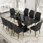 Black Marble Pattern Tempered Glass Dining Set - 71'x35.4' with 8 Black PU Chairs With a Widened Backrest Design.