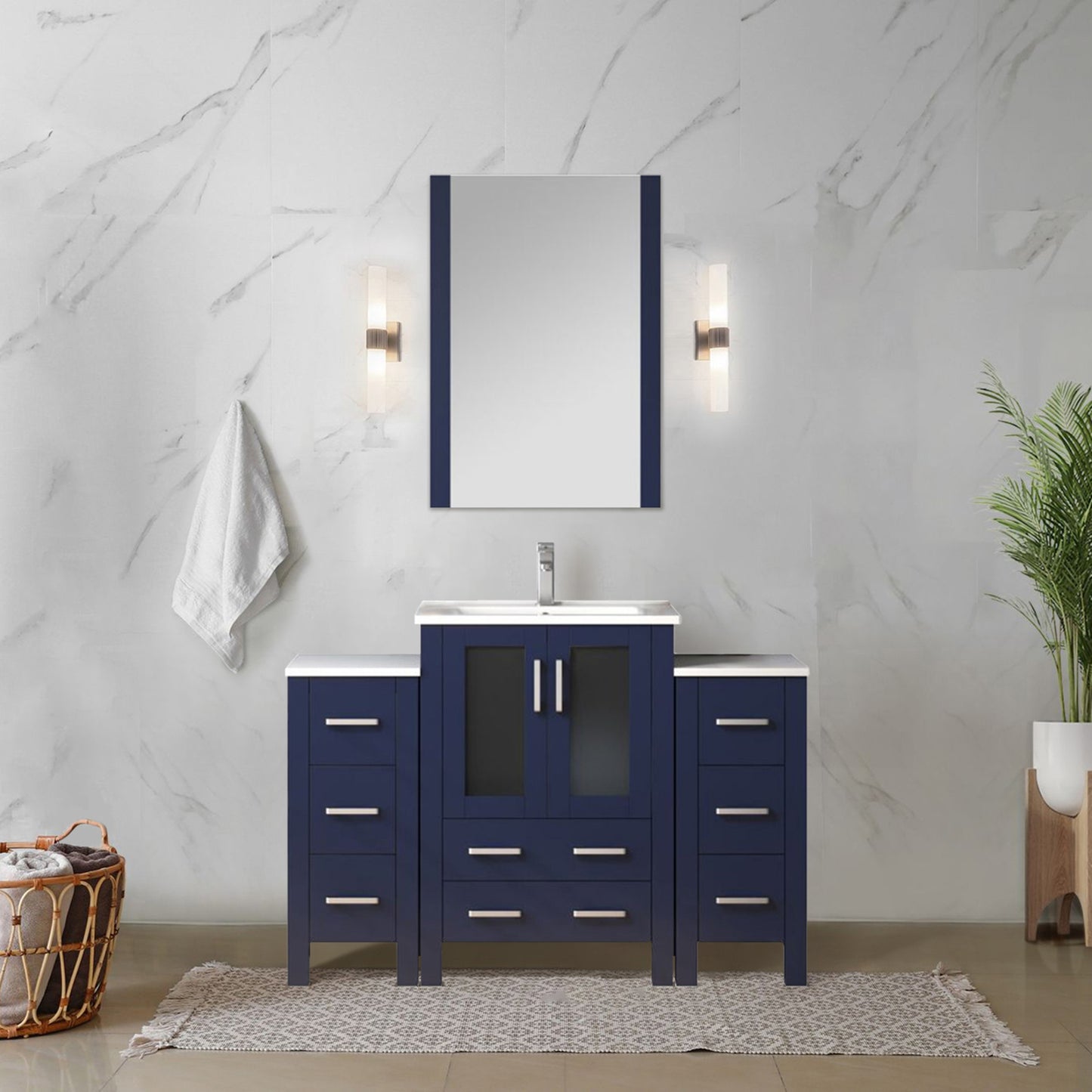 Navy Blue Single Bath Vanity 48 in. W x 18.25 in. D, with Side Cabinets, White Ceramic Top, and Faucet Set